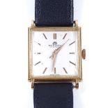 BUCHERER - an 18ct gold mechanical wristwatch, square silvered face with gilt baton hour markers, 17