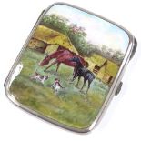 An early 20th century nickel plate cigarette case, with hand painted enamel cover depicting horses