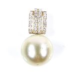 A 14ct gold South Sea cultured pearl and diamond cluster pendant, pearl diameter 12.6mm, pendant