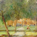 V Miorin, oil on canvas, park landscape, signed, 24" x 36", framed