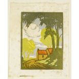 R L Howey, colour woodcut, country cottage, signed in pencil, circa 1925, image 4" x 3", unframed