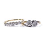An 18ct gold 2-stone diamond crossover ring, setting height 5.8mm, size J, together with an 18ct 5-