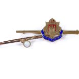 A 9ct gold and enamel East Surrey bar brooch, brooch length 51mm, together with a 9ct cabochon