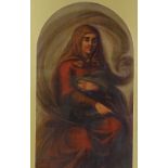 19th century oil on card, portrait of a peasant girl, unsigned, 15.5" x 9", framed
