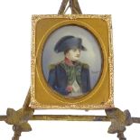 A miniature watercolour on card, portrait of Napoleon, indistinctly signed, in gilt frame on gilt-