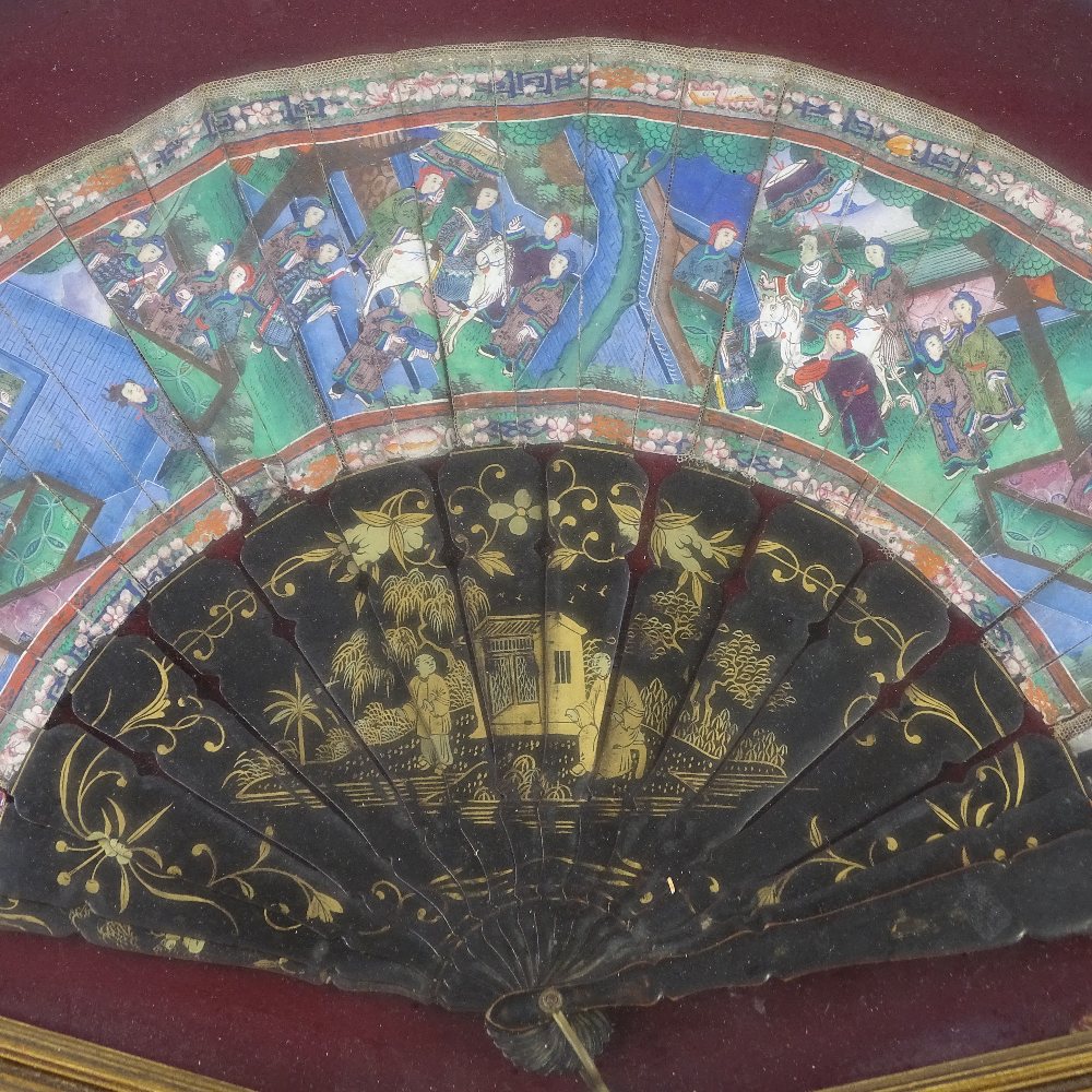 A 19th century Cantonese fan, with hand painted paper screen and gilded lacquered papier mache