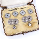A set of silver sapphire and mother-of-pearl cufflinks, dress studs, and buttons