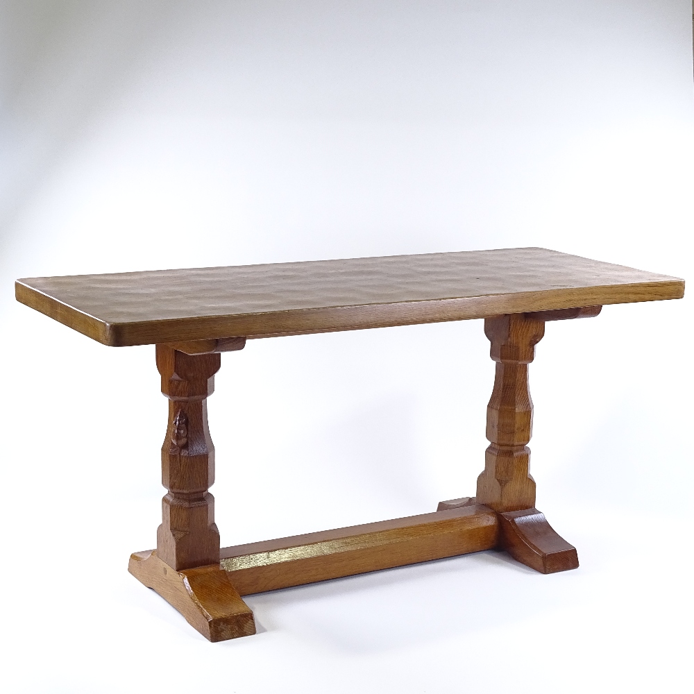 Robert Thompson (Mouseman), a golden oak stretcher table with carved end column supports and - Image 2 of 3