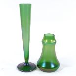 2 Loetz style iridescent green glass vases, largest height 30cm