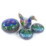 3 Japanese cloisonne enamel circular boxes, largest 12cm across, and a bird design cloisonne