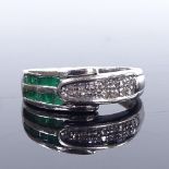 A 14ct white gold emerald and diamond ring, with square-cut emeralds and round-cut diamonds, setting