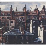 English School, hand coloured linocut print, circa 1950, terrace buildings, unsigned, terraced