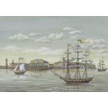 E Bocharova, watercolour, shipping at St Petersburg, 4.5" x 6.5", framed