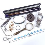 Various jewellery, including 9ct gold earrings, silver necklace, gold plated dip pen etc