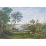 Attributed to James Holland, watercolour after JMW Turner, extensive river landscape, unsigned,