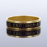 A Georgian unmarked gold and black enamel mourning band ring, inscribed "George Golding OB; 21 Dec