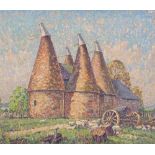 Mid-20th century oil on canvas, Kentish oast houses, unsigned, 16" x 20", framed
