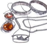 Various silver jewellery, including stylised amber brooch, engraved hinged bangle etc