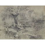 19th century pencil/chalk drawing, boy crossing a bridge, unsigned, 9" x 12", framed