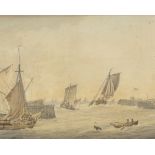 Early 19th century English School, watercolour, busy marine scene, entrance to a harbour,