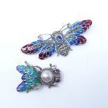 2 sterling silver stone set enamel bug brooches, largest wingspan 77.4mm, 19.8g total (2)