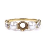 An unmarked gold cultured pearl and diamond dress ring, setting height 6.2mm, size P, 3.5g (