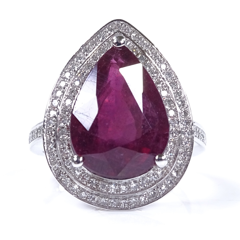 A 14ct white gold ruby and diamond cluster ring, pear-cut ruby approx 7.43ct, total diamond - Image 2 of 4