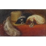 A miniature oil on board, study of 2 King Charles Spaniels, 3" x 5.5", and a print on canvas,