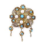 An Austro-Hungarian gilt-metal cultured pearl and turquoise brooch, with ribbon and floral