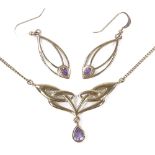 An Art Nouveau 9ct gold amethyst demi-parure, comprising necklace and pair of earrings, with