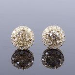 A pair of 14ct gold 1.22ct light brownish yellow diamond cluster earrings, with stud fittings,