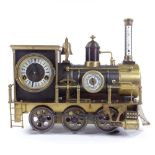 A novelty brass-cased steam locomotive design desk clock/barometer/thermometer with 8-day striking