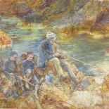 George Rushton, watercolour, man and boys fishing from the rocks, signed, 19" x 28", framed