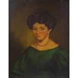 Mid-19th century oil on board, half length portrait of Jane Adams, circa 1860, unsigned, 10.5" x 8",