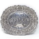 A Portuguese? oval silver commemorative dish, with central relief embossed Royal marriage scene