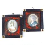 A pair of 19th century French tortoiseshell and ebony framed miniature watercolour portraits of