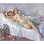 Guy de Jessey (1904 - 1984), oil on canvas, nude woman reclining on a bed, signed, 15" x 18", framed