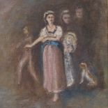 Oil on canvas board, figures and dog, unsigned, 12" x 9.5", framed