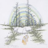 Ivan Lackovic Croata (1932 - 2004), print, birds in trees, signed in pencil, image 16" x 13", framed