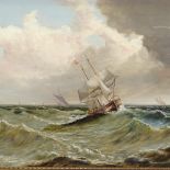 Oil on board, shipping on rough seas, unsigned, 11.5" x 21.5", framed