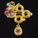 A Victorian gilt-metal in memory of memorial brooch, set with blue and pink glass stones, brooch