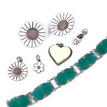Anton Michelsen, Norwegian silver heart pendant, green enamel bracelet, and daisy pattern jewellery