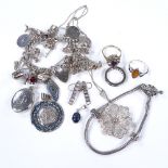 Various silver jewellery, including charm bracelet, ring etc