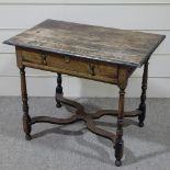 An Antique joined oak side table, with single frieze drawer and shaped cross-stretcher, width 2'10"