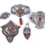 A group of Art Nouveau silver stone set jewellery, including pendants, brooches etc (5)