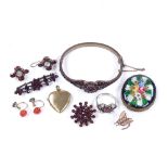 Various Victorian and later jewellery, including garnet bangle, brooches, and enamel buckle etc