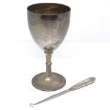 A Victorian silver goblet, with engraved decoration, beaded rim and gilt interior, possibly by