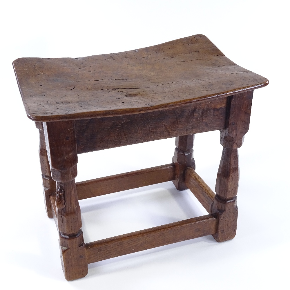 Robert Thompson (Mouseman), a burr-oak dish-topped joint stool, circa 1930, with bulbous octagonal - Image 3 of 3