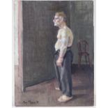 Mary Piercy, oil on board, wrestler standing, signed, with Exhibition label verso, 1957, 24" x