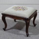 A Victorian mahogany dressing stool, with carved cabriole legs and tapestry seat, 21.5" x 19"